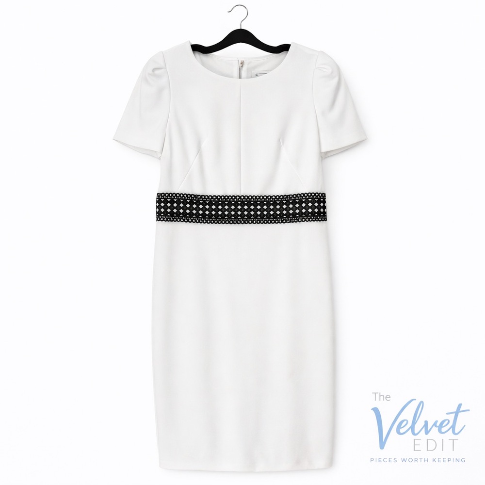 Calvin Klein White Sheath Dress Black Waist Detail Size 6